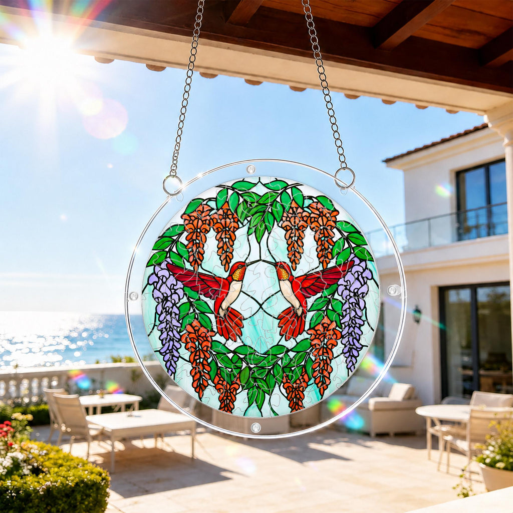 Scarlet hummingbird acrylic puzzle suncatcher hanging by a bright balcony window in natural sunlight.