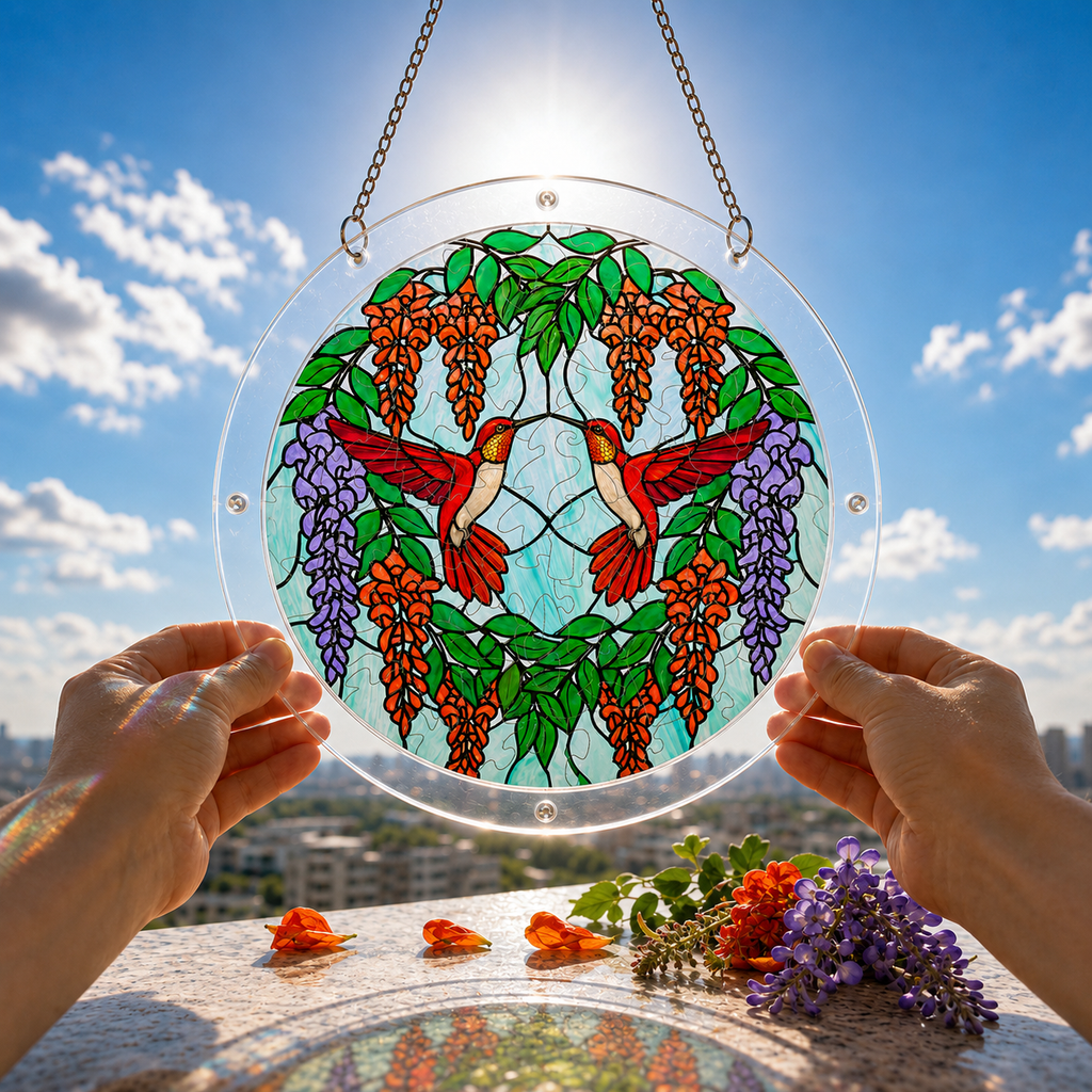 Scarlet hummingbird acrylic puzzle suncatcher held up against a bright blue sky and garden background.