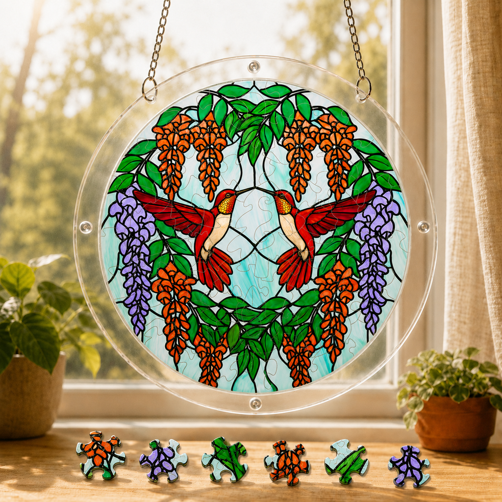 Round Scarlet Duet Hummingbird Blossom acrylic puzzle suncatcher hanging in a sunny window with loose colorful puzzle pieces displayed below.