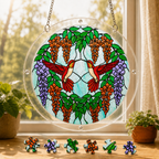 Round Scarlet Duet Hummingbird Blossom acrylic puzzle suncatcher hanging in a sunny window with loose colorful puzzle pieces displayed below.