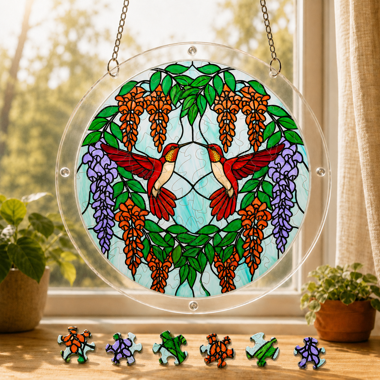 Round Scarlet Duet Hummingbird Blossom acrylic puzzle suncatcher hanging in a sunny window with loose colorful puzzle pieces displayed below.