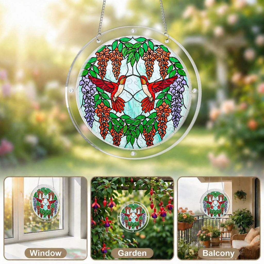 Scarlet hummingbird acrylic puzzle suncatcher displayed in multiple bright home window settings.