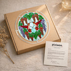 Gift-ready Scarlet Duet Hummingbird Blossom acrylic puzzle suncatcher displayed on a kraft box with a Pixiwoo thank-you card.
