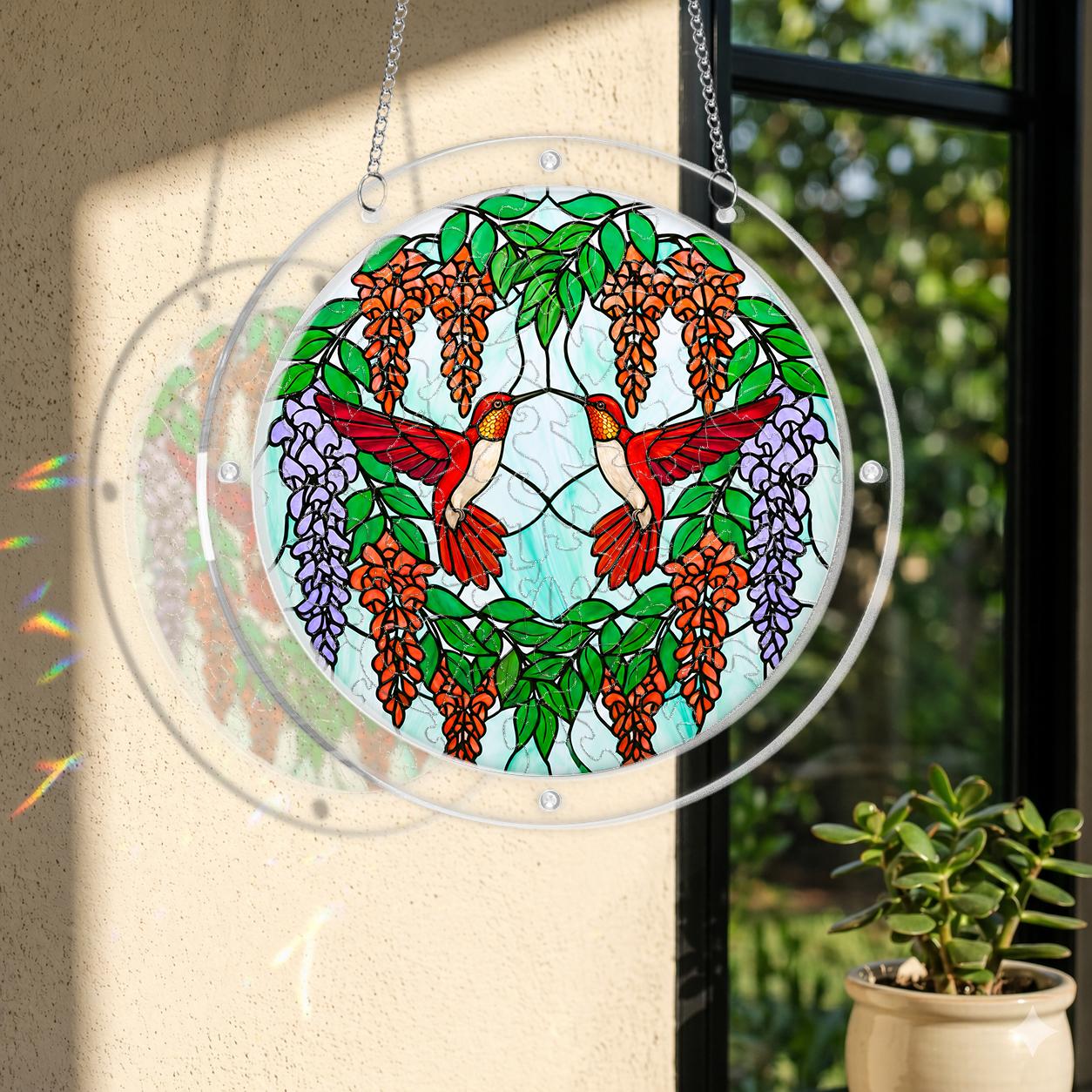 Round acrylic hummingbird puzzle suncatcher hanging on a window with two scarlet hummingbirds, orange blossoms, and purple floral accents.
