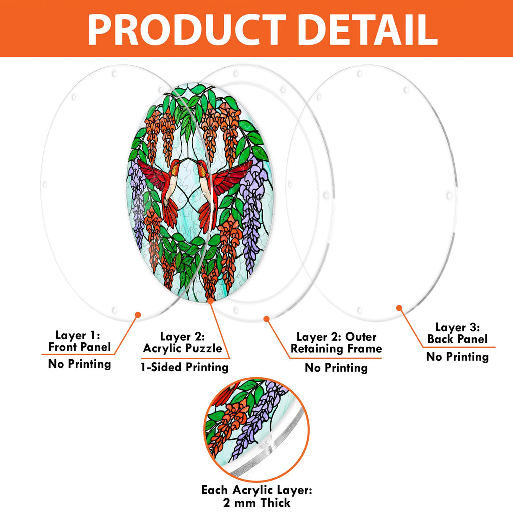 Product detail image showing the layered acrylic structure and assembly view of the Scarlet Duet Hummingbird Blossom puzzle suncatcher.