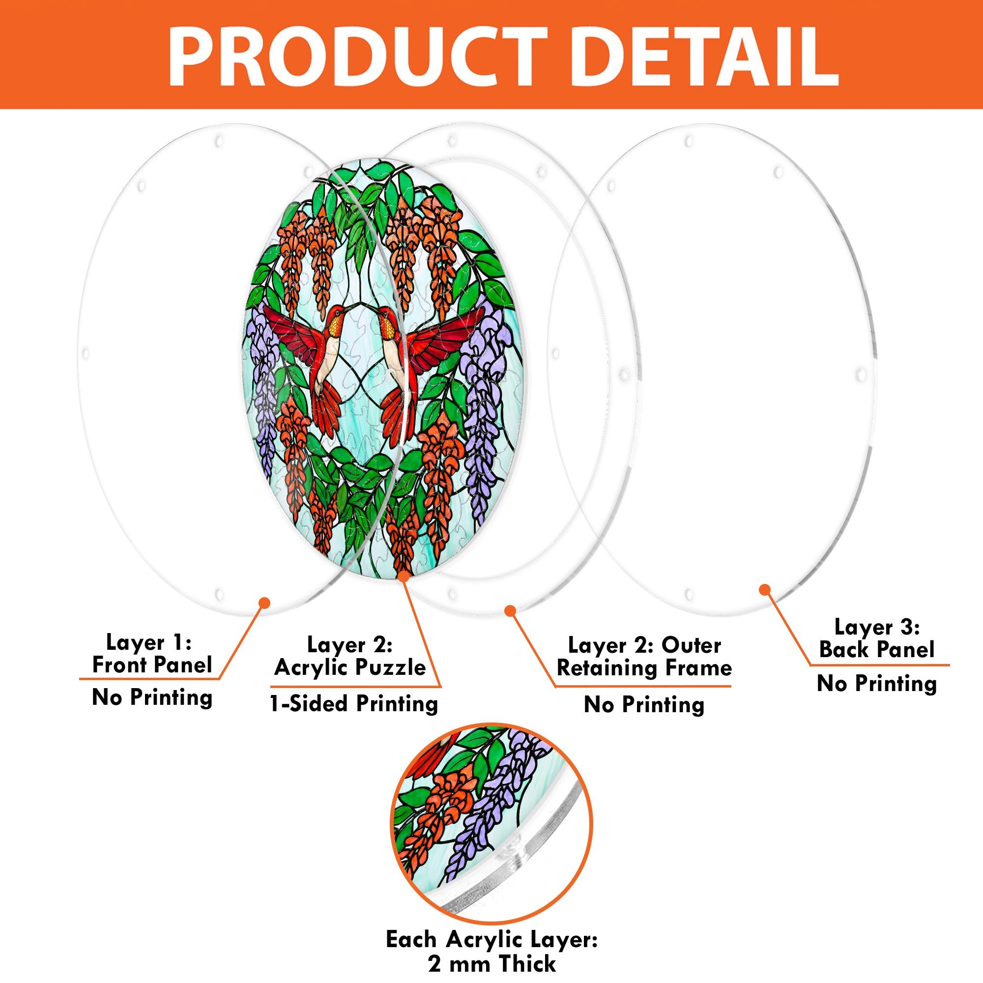 Product detail image showing the layered acrylic structure and assembly view of the Scarlet Duet Hummingbird Blossom puzzle suncatcher.