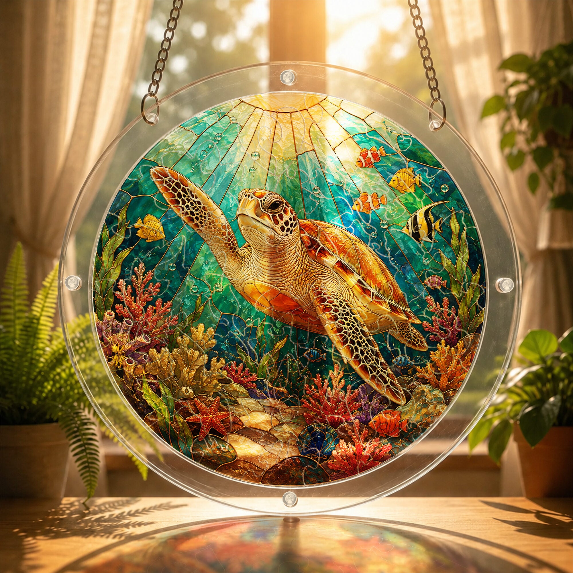 Sea turtle acrylic puzzle suncatcher, colorful DIY ocean window decor