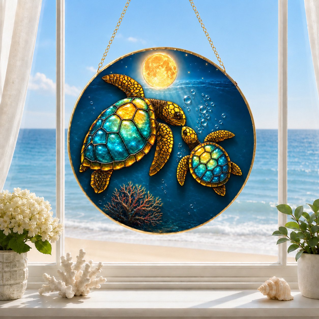 Sea turtle couple full moon stained glass suncatcher