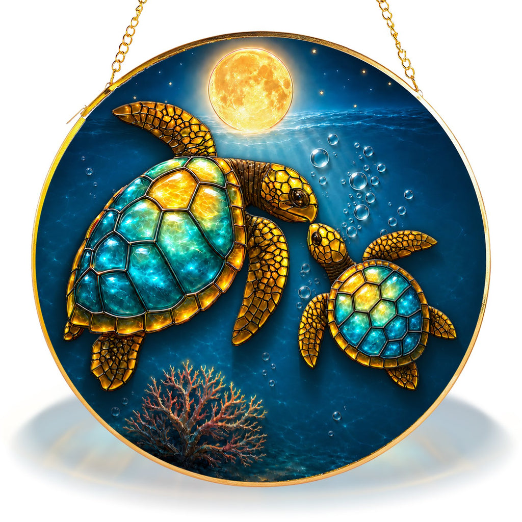 Sea turtle couple full moon stained glass suncatcher detail