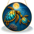 Sea turtle couple full moon stained glass suncatcher detail