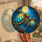 Sea turtle couple full moon stained glass suncatcher