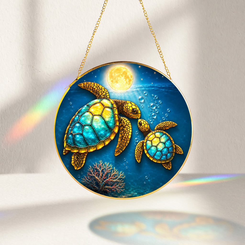 Sea turtle couple full moon stained glass suncatcher