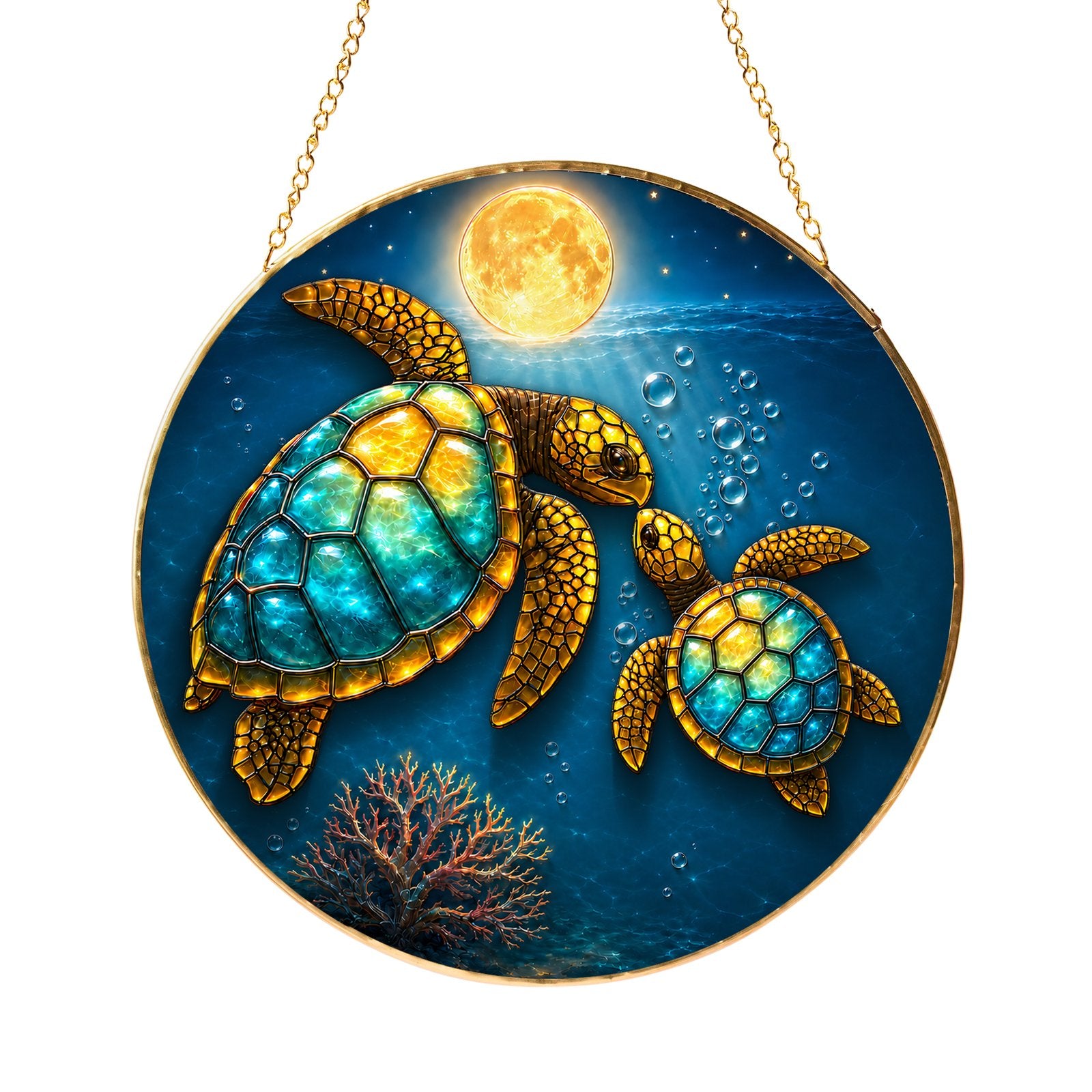 Sea turtle couple full moon stained glass suncatcher