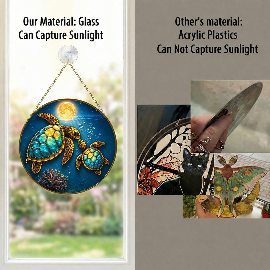Sea turtle couple full moon stained glass suncatcher