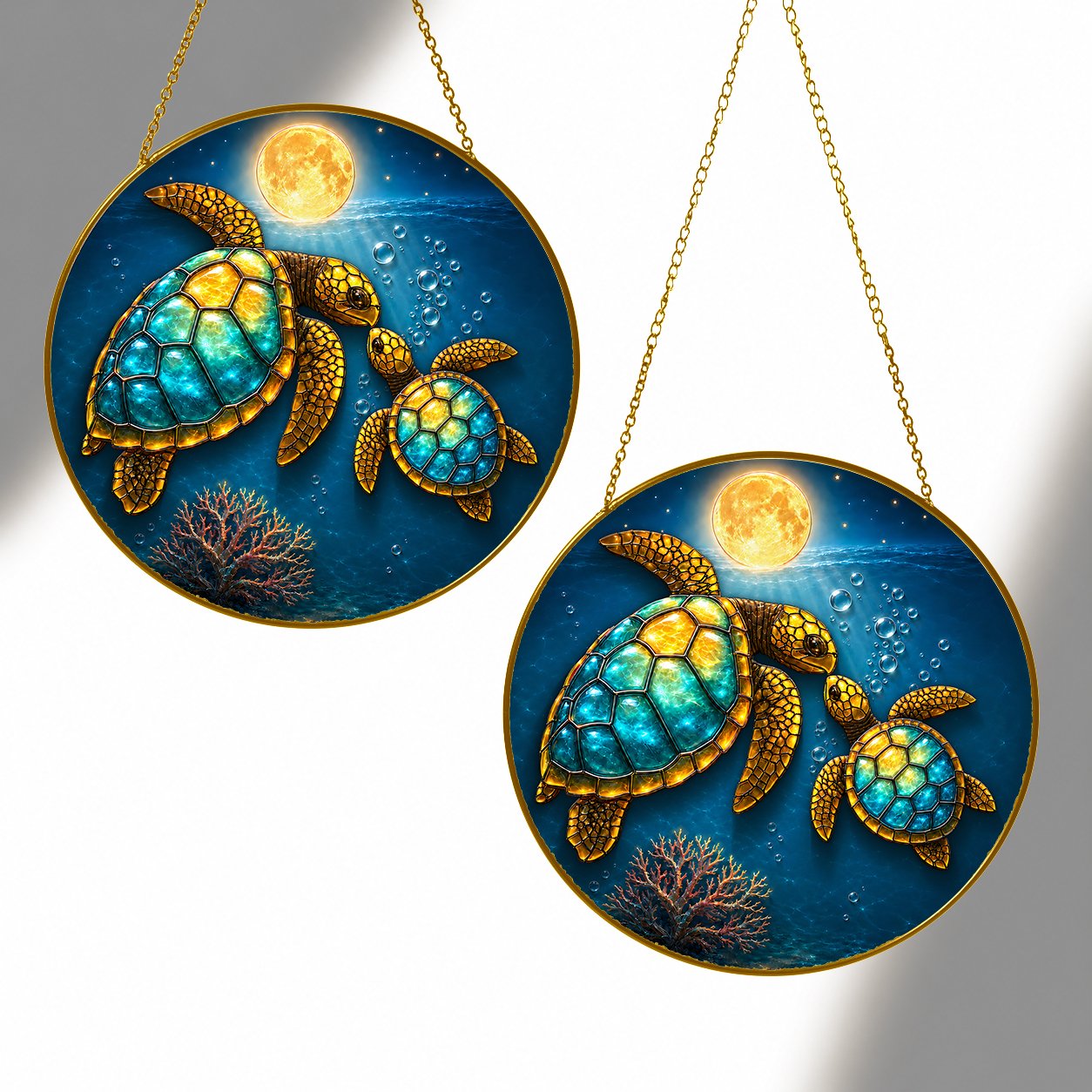 Sea turtle couple full moon stained glass suncatcher size chart