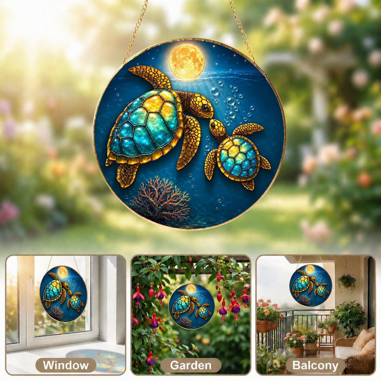 Sea turtle couple full moon stained glass suncatcher packaging