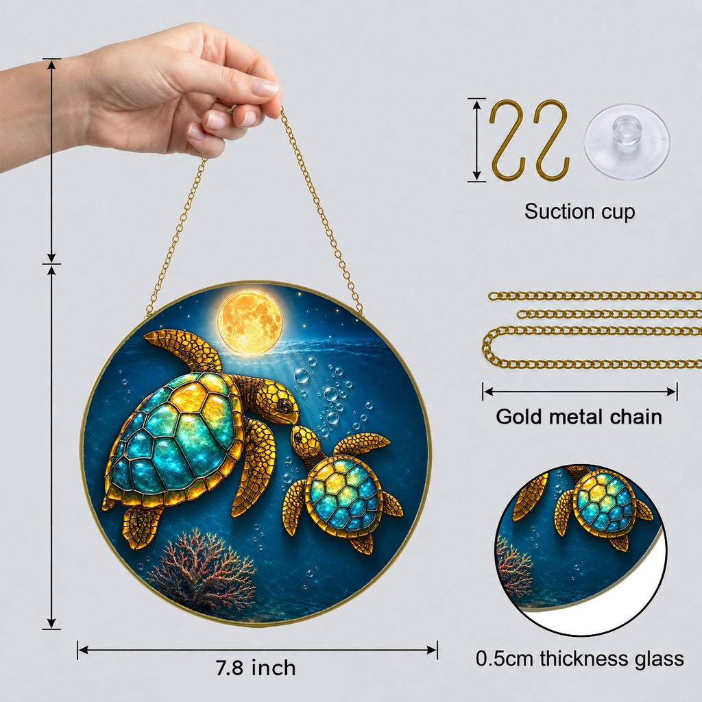 Sea turtle couple full moon stained glass suncatcher