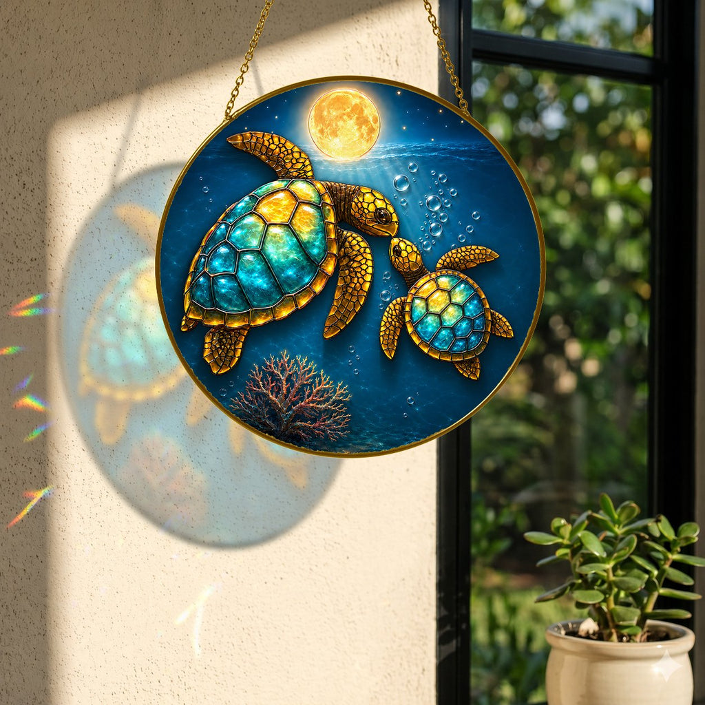 Sea turtle couple full moon stained glass suncatcher packaging detail