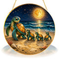 Sea turtle family beach stained glass suncatcher with gold frame