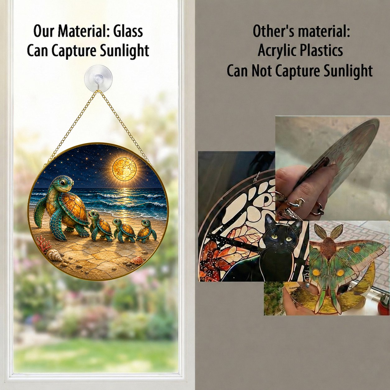 Real glass sea turtle family suncatcher compared with acrylic