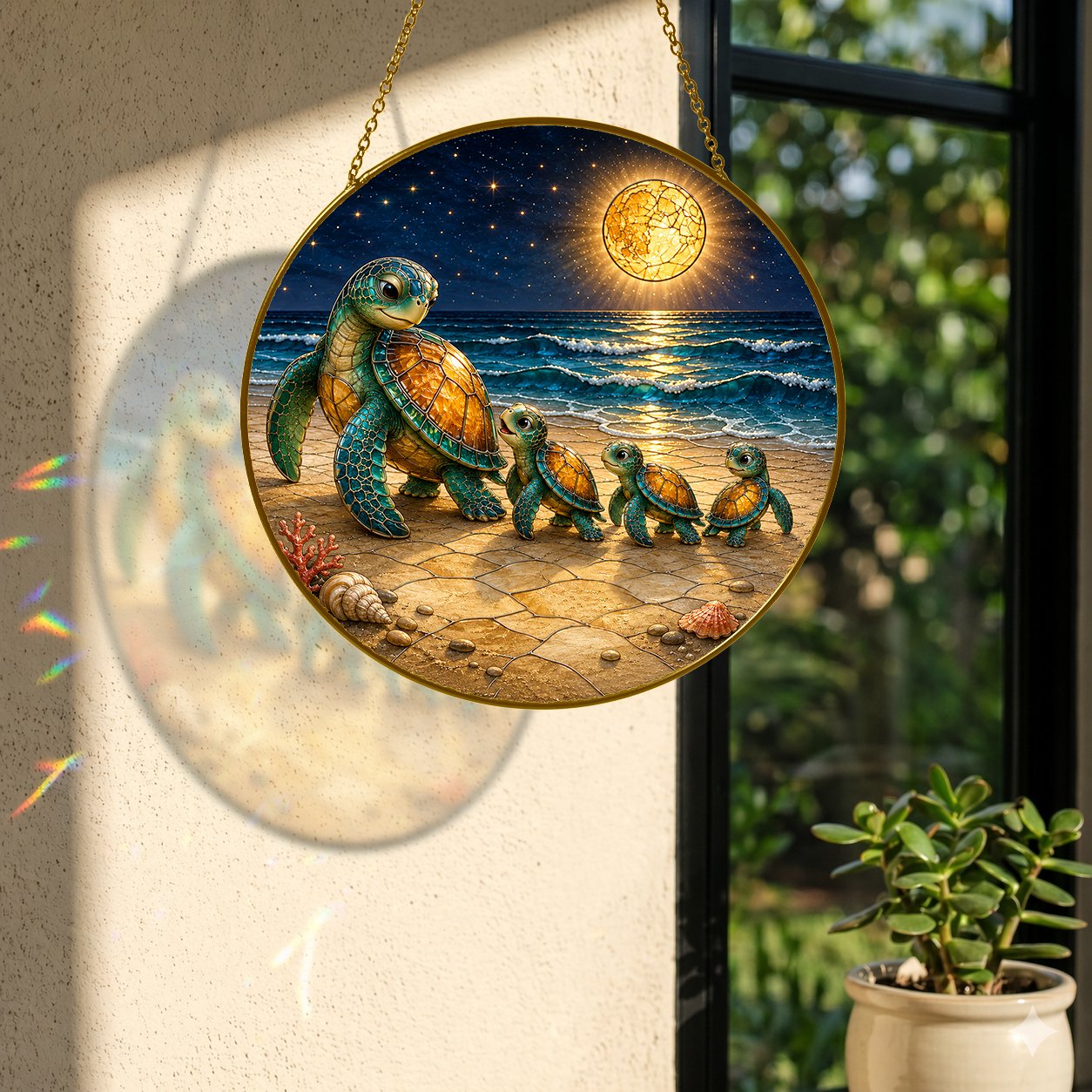 Sea turtle family beach suncatcher hanging by a window with plants