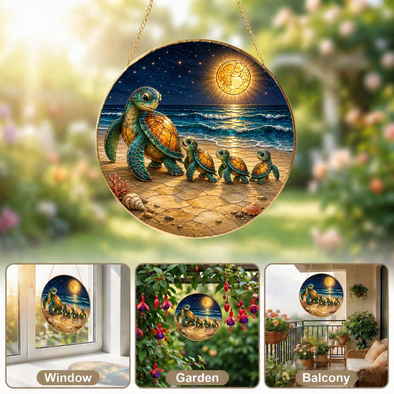 Sea turtle suncatcher shown as window, garden, and balcony decor