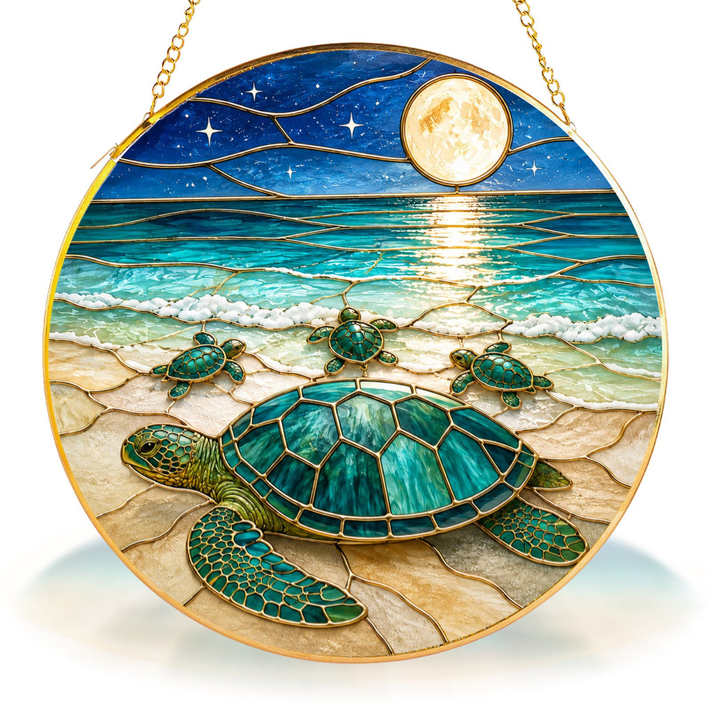 Sea turtle family full moon stained glass suncatcher with gold frame