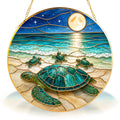 Sea turtle family full moon stained glass suncatcher with gold frame