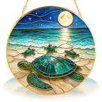 Sea turtle family full moon stained glass suncatcher with gold frame