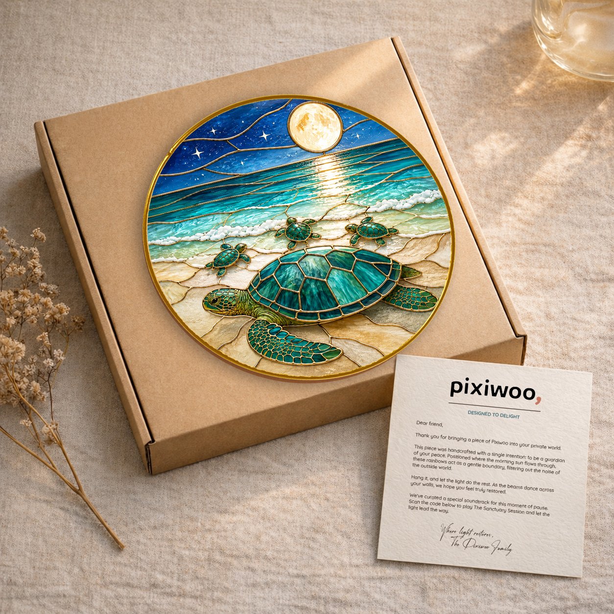 Sea turtle family full moon suncatcher hanging in a sunny window