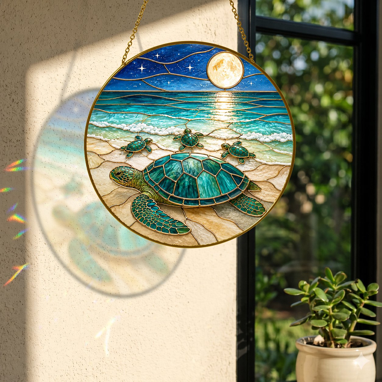 Sea turtle family full moon suncatcher hanging by a window with plants