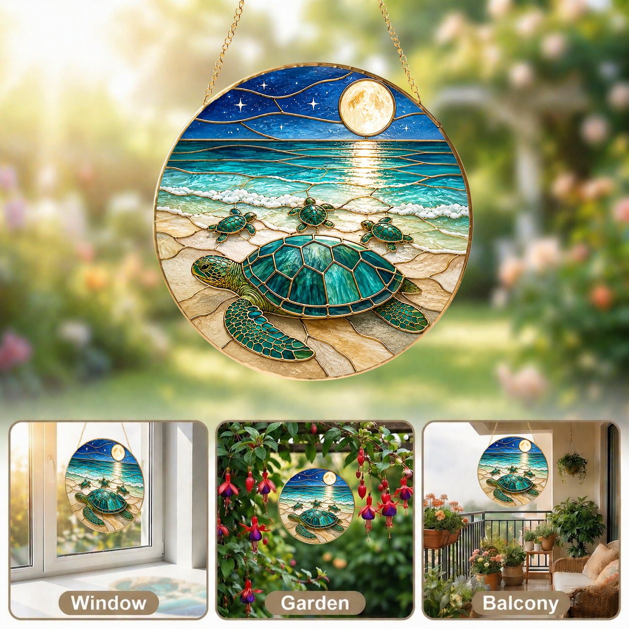 Sea turtle family suncatcher shown as window, garden, and balcony decor