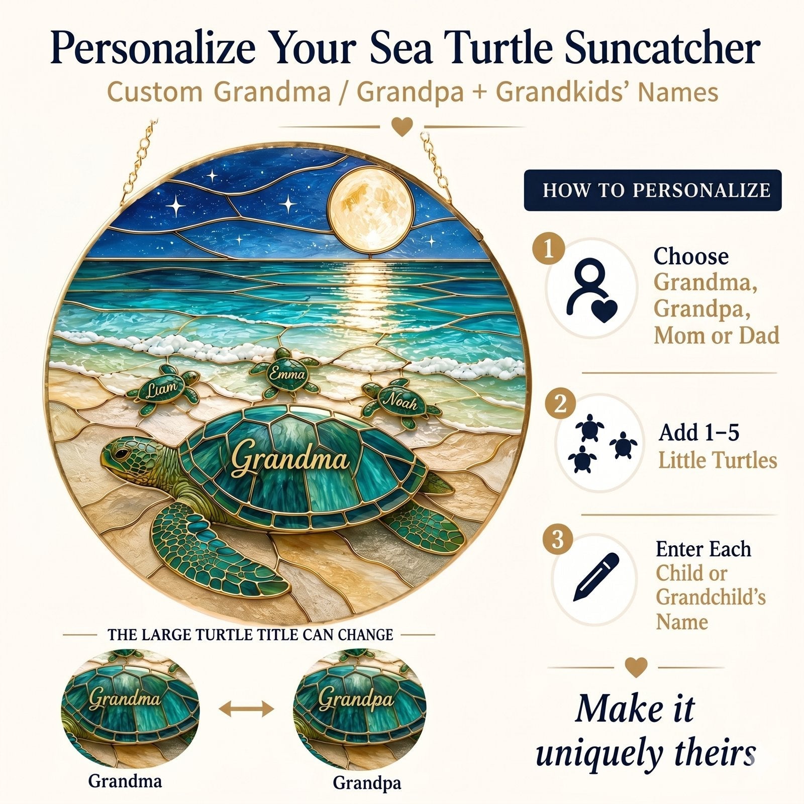 How to personalize sea turtle family full moon suncatcher with names