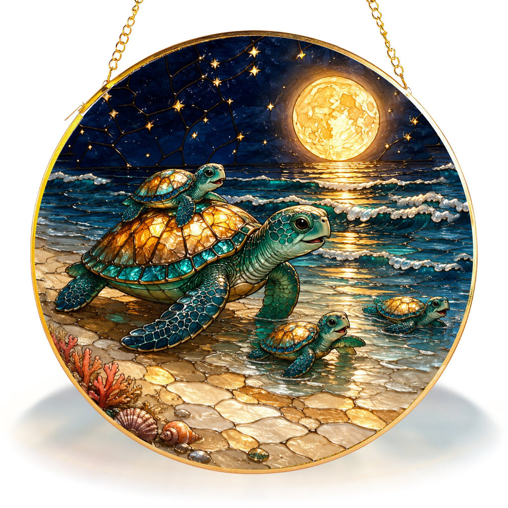 Sea turtle mom and babies stained glass suncatcher with gold frame