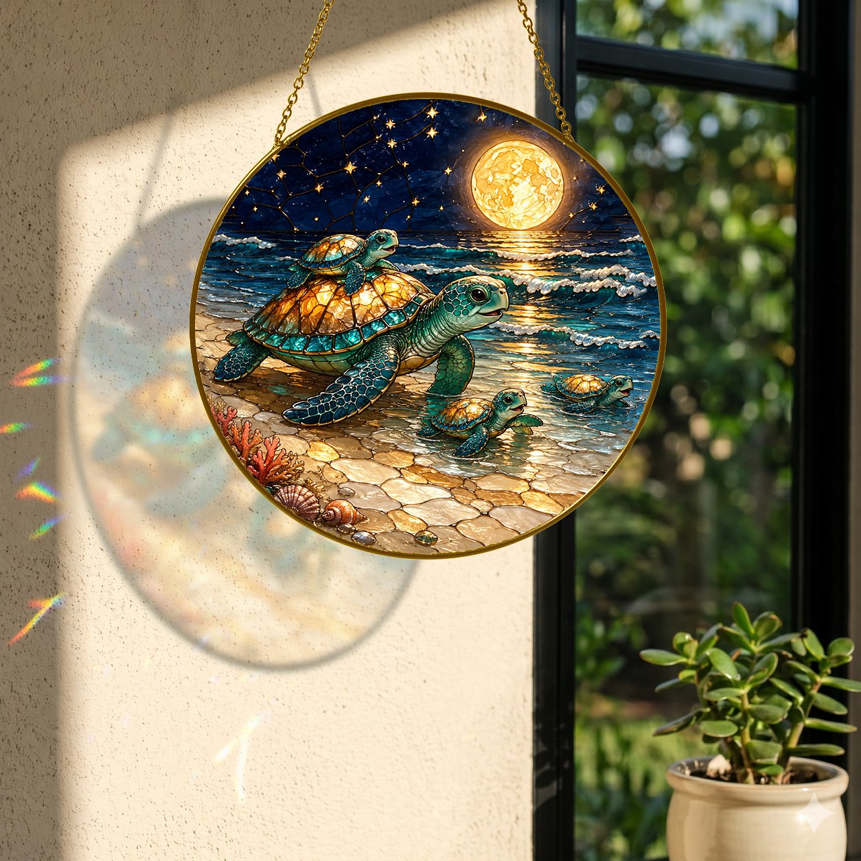 Sea turtle mom and babies suncatcher hanging by a window with plants
