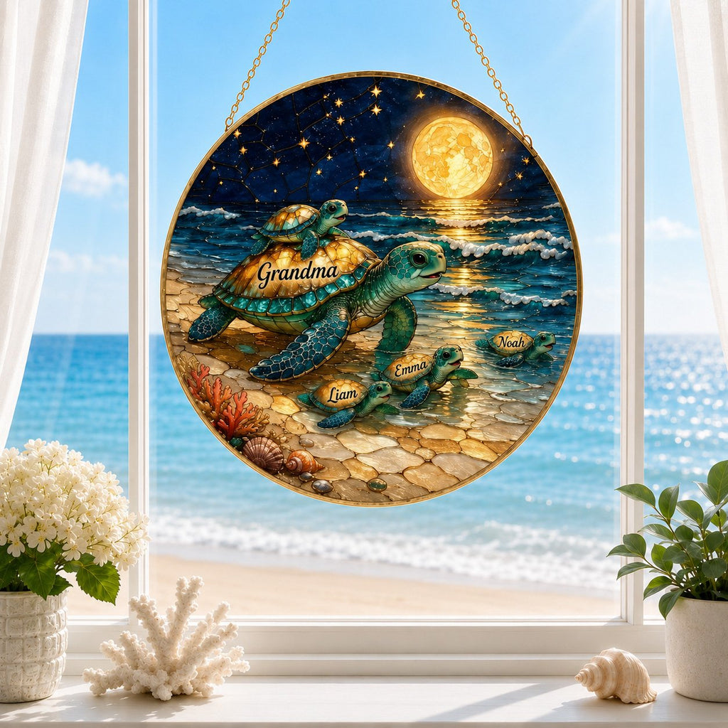 Sea turtle mom and babies stained glass suncatcher in a window