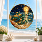 Sea turtle mom and babies stained glass suncatcher in a window
