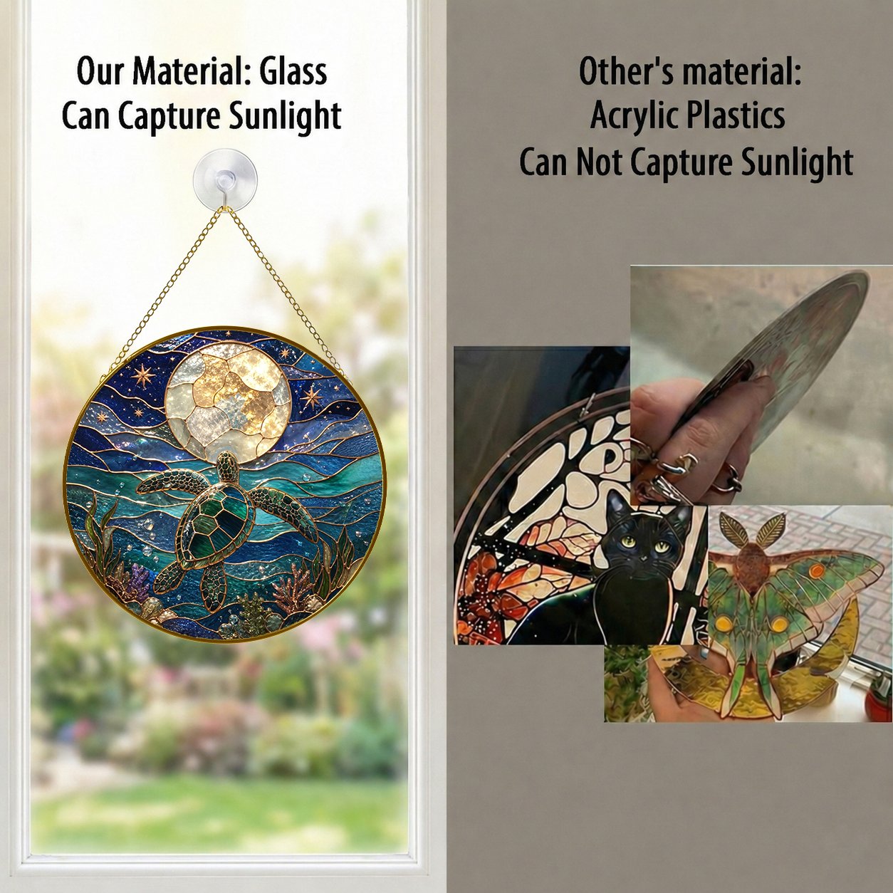 Sea turtle moon stained glass suncatcher with gold frame
