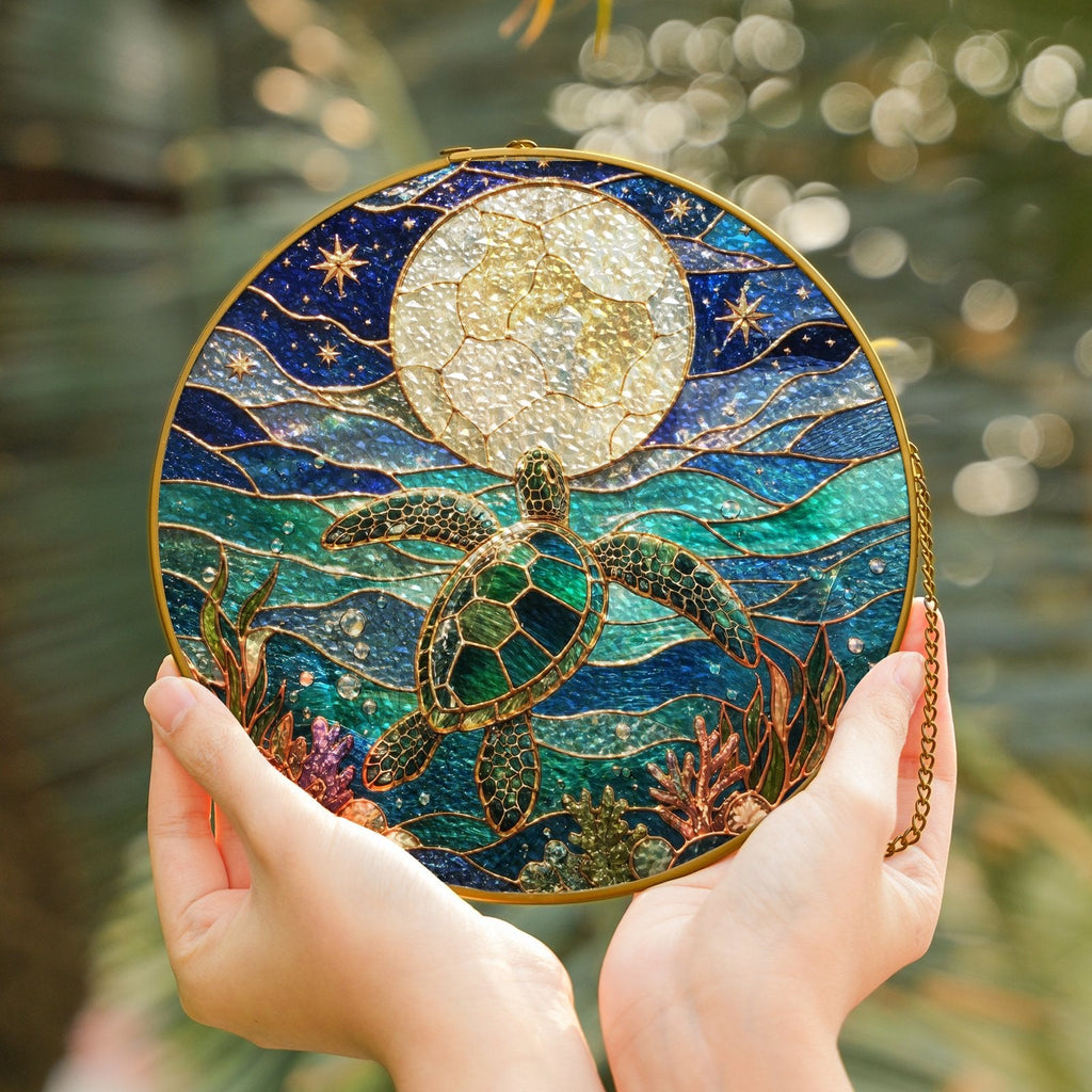 Sea turtle moon stained glass suncatcher detail