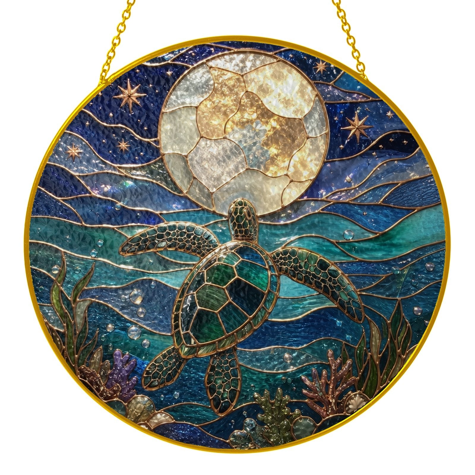 Sea turtle moon stained glass suncatcher held in hand