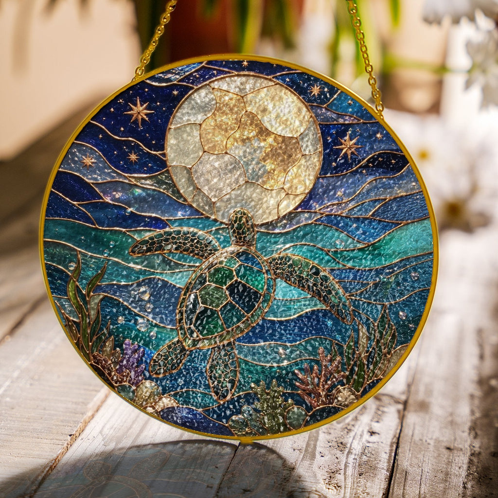 Sea turtle moon stained glass suncatcher lifestyle