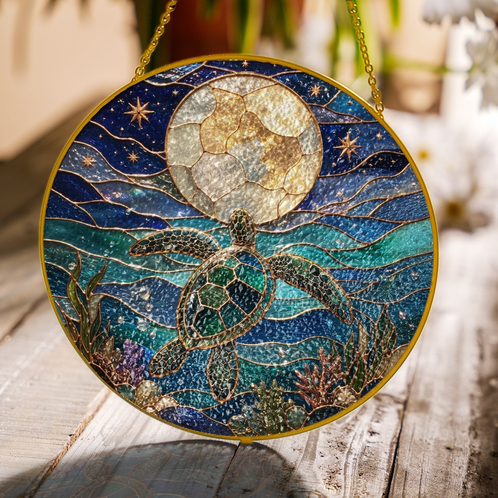 Sea turtle moon stained glass suncatcher lifestyle