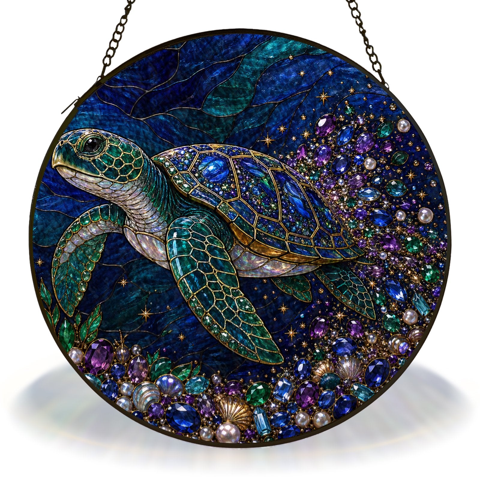 Sea turtle ocean stained glass suncatcher, jeweled turtle on a deep blue background