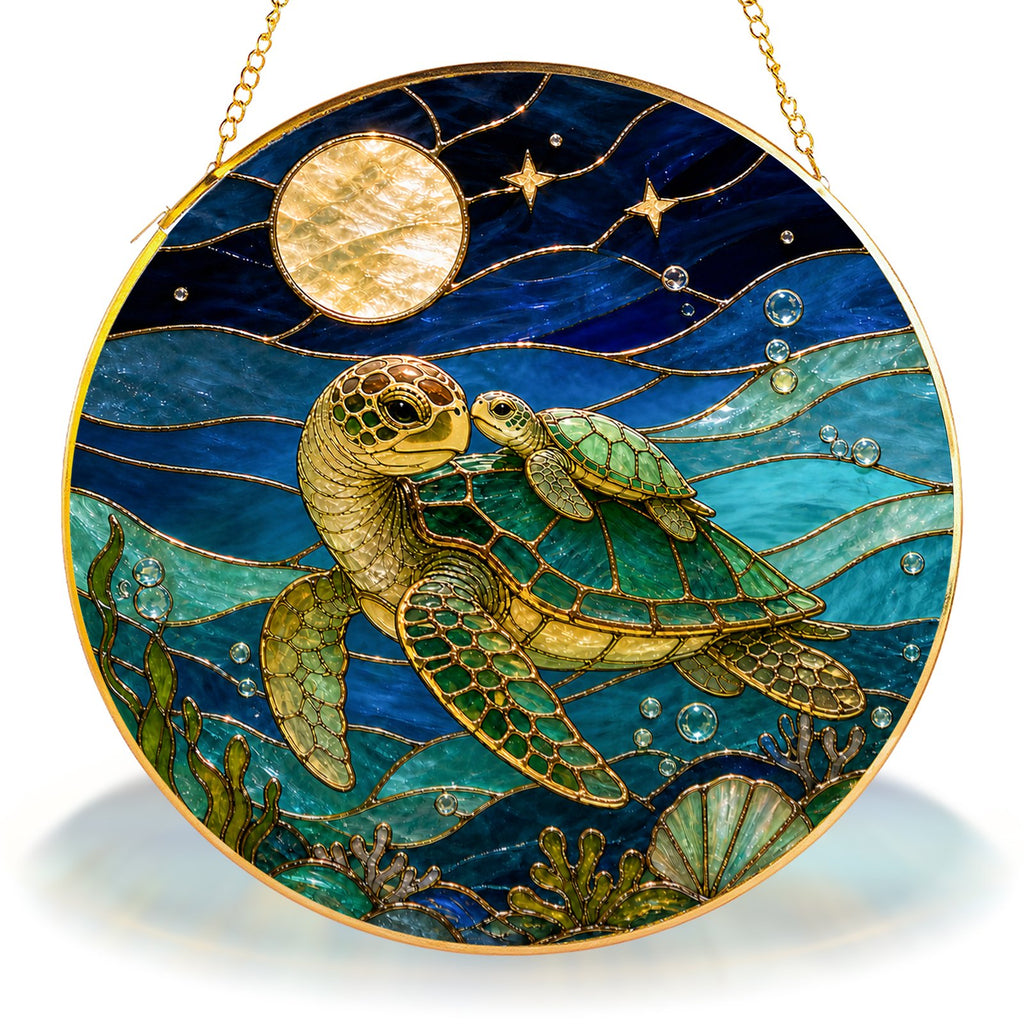 Sea turtle pair stained glass suncatcher with gold frame, two turtles under a moon