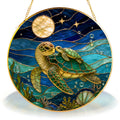 Sea turtle pair stained glass suncatcher with gold frame, two turtles under a moon