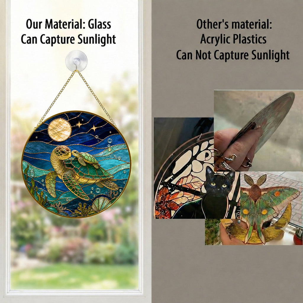 Real glass sea turtle suncatcher compared with acrylic, glass captures sunlight