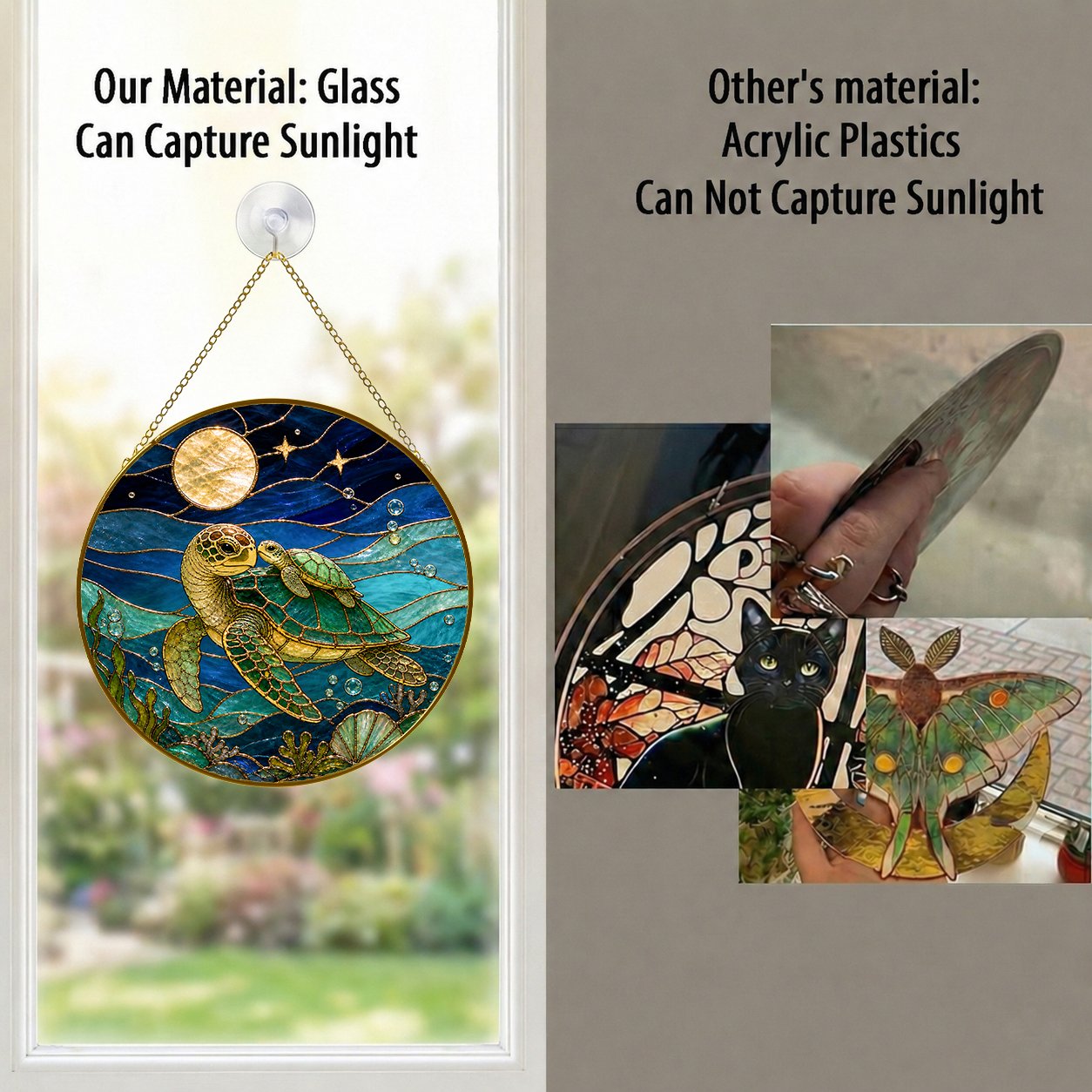 Real glass sea turtle suncatcher compared with acrylic, glass captures sunlight