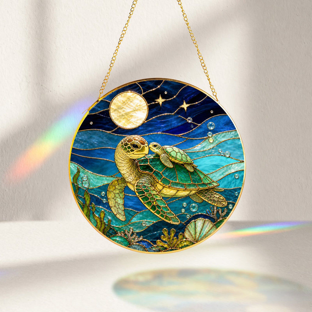 Sea turtle pair stained glass suncatcher clean product view