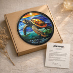 Sea turtle sunset stained glass suncatcher, mosaic turtle swimming under a sunrise