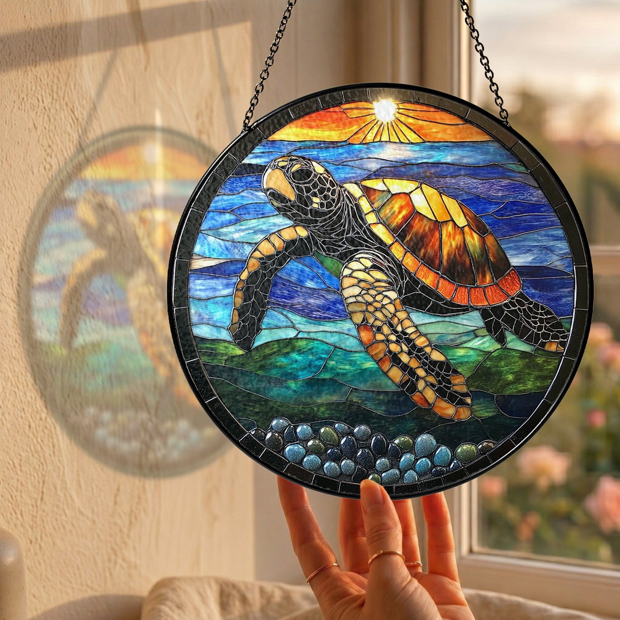 Sea turtle sunset suncatcher hanging in a sunny window